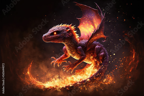 Fire breathes explode from a baby dragon in a black night, the epic battle  evil - concept art (ai generated) © ImagineDesign