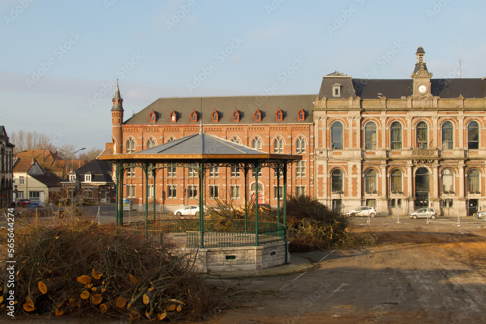 Boussu, Belgium - January 28, 2023 : start of works on the main square