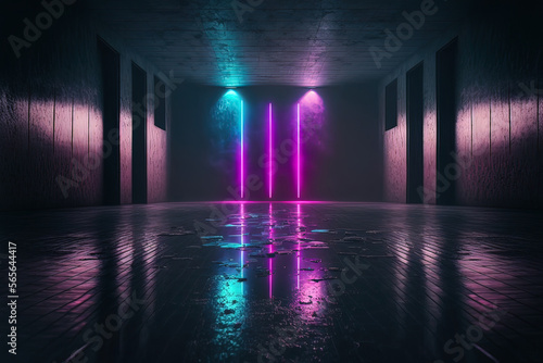 Abstract dark neon geometric background inside a dark empty room and glowing laser lines on the walls. Wet concrete floor, neon light reflection. Wallpaper futuristic technology. AI