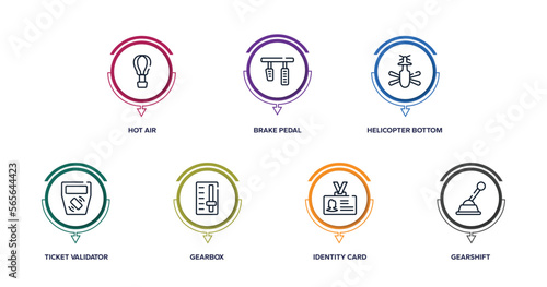car repair outline icons with infographic template. thin line icons such as hot air, brake pedal, helicopter bottom view, ticket validator, gearbox, identity card, gearshift vector.