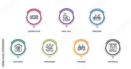 driving school outline icons with infographic template. thin line icons such as license plate  final call  road bike  bus depot  carsharing  tramway  car pedals vector.