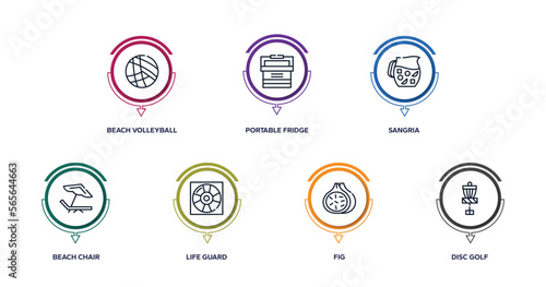 summer outline icons with infographic template. thin line icons such as beach volleyball, portable fridge, sangria, beach chair, life guard, fig, disc golf vector.