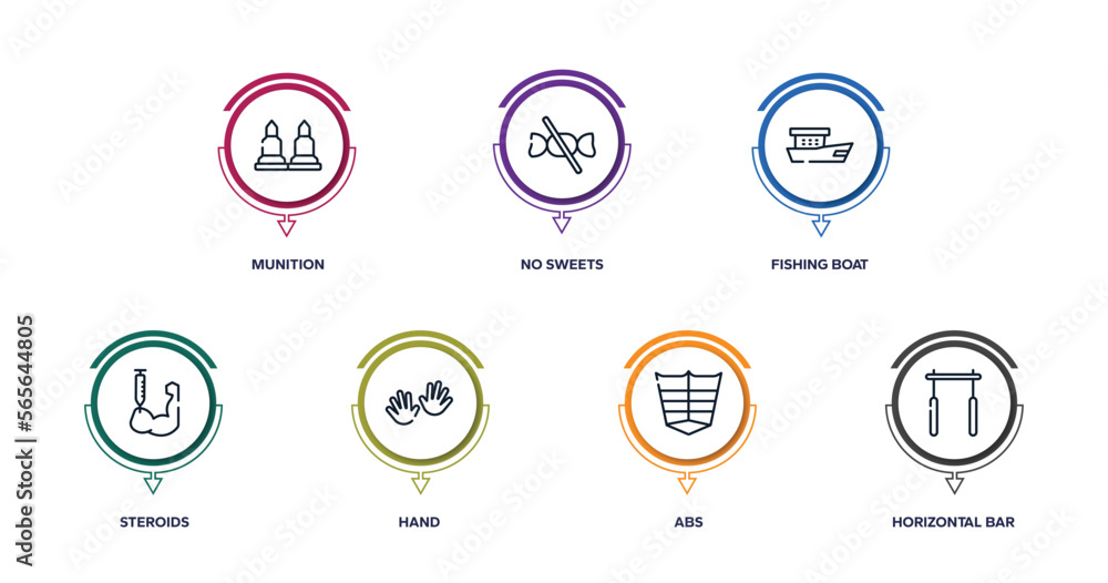 gym outline icons with infographic template. thin line icons such as munition, no sweets, fishing boat, steroids, hand, abs, horizontal bar vector. gym outline icons with infographic template. thin line icons such as munition, no sweets, fishing boat, steroids, hand, abs, horizontal bar vector.