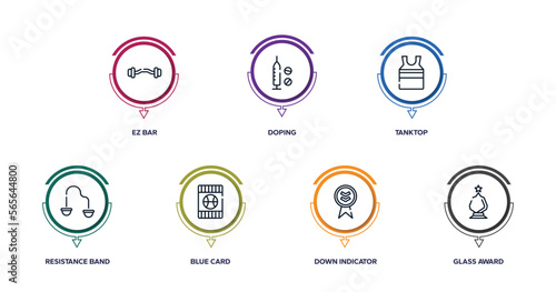 winning red outline icons with infographic template. thin line icons such as ez bar, doping, tanktop, resistance band, blue card, down indicator, glass award vector.