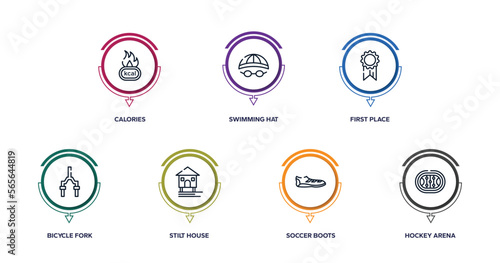 winter sport outline icons with infographic template. thin line icons such as calories, swimming hat, first place, bicycle fork, stilt house, soccer boots, hockey arena vector.