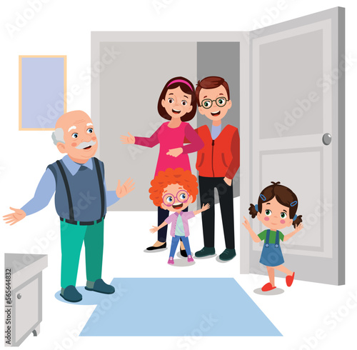 grandfather and grandson who meet his family at the door
