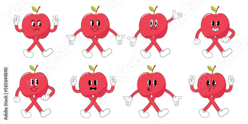 A Set of apple cartoon groovy stickers with funny comic characters, gloved hands. Modern illustration with legs and arms.