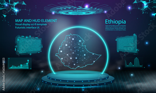 ethiopia map light connecting effect background. abstract digital technology UI, GUI, futuristic HUD Virtual Interface with ethiopia map. Stage futuristic podium in fog.