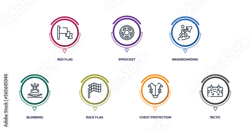 soccer outline icons with infographic template. thin line icons such as red flag, sprocket, wakeboarding, blobbing, race flag, chest protection, tactic vector.
