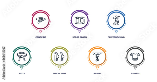 american football outline icons with infographic template. thin line icons such as canoeing, score board, powerbocking, belts, elbow pads, rappel, t-shirts vector.