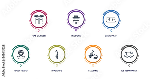 winter sports outline icons with infographic template. thin line icons such as gas cilinder, paddock, backup car, rugby player, dive knife, sledding, ice resurfacer vector.