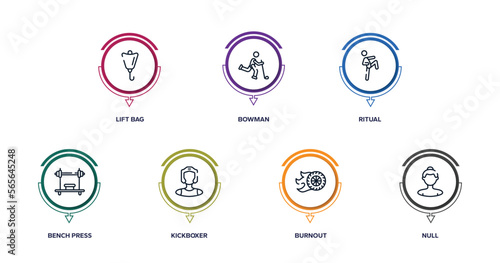 racing outline icons with infographic template. thin line icons such as lift bag, bowman, ritual, bench press, kickboxer, burnout, null vector.