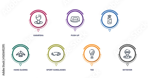 sport avatars outline icons with infographic template. thin line icons such as karateka, push up, , hang gliding, sport sunglasses, tee, skydiver vector.
