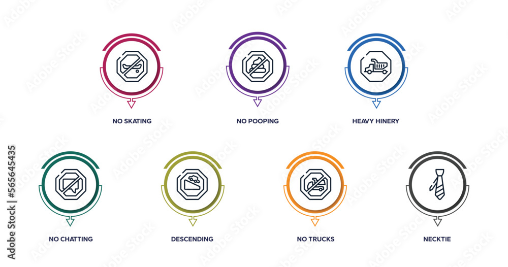shopping and commerce outline icons with infographic template. thin line icons such as no skating, no pooping, heavy hinery, no chatting, descending, trucks, necktie vector.