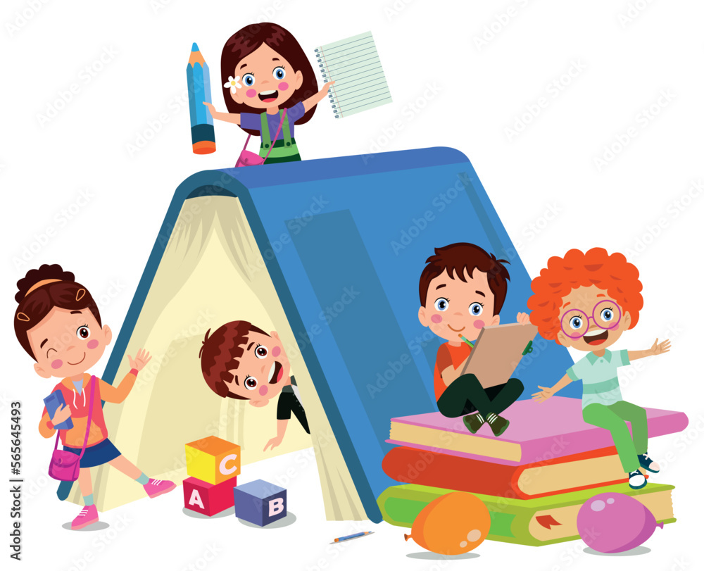 Kids reading, group of friends