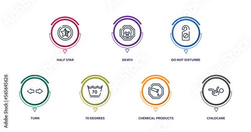 hotel signals outline icons with infographic template. thin line icons such as half star, death, do not disturbe, turn, 70 degrees, chemical products, childcare vector.