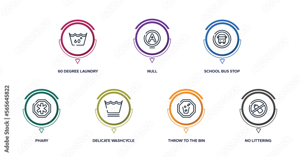 indications outline icons with infographic template. thin line icons such as 60 degree laundry, null, school bus stop, phary, delicate washcycle, throw to the bin, no littering vector. indications outline icons with infographic template. thin line icons such as 60 degree laundry, null, school bus stop, phary, delicate washcycle, throw to the bin, no littering vector.