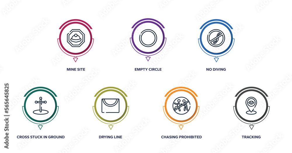 indications outline icons with infographic template. thin line icons such as mine site, empty circle, no diving, cross stuck in ground, drying line, chasing prohibited, tracking vector. indications outline icons with infographic template. thin line icons such as mine site, empty circle, no diving, cross stuck in ground, drying line, chasing prohibited, tracking vector.