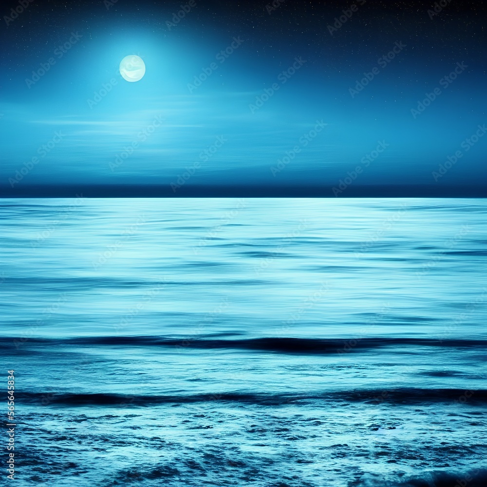 This photo illustration of the ocean in the deep blue moonlight at night with calm waves would make a great travel background for any coastal area or vacation - generative ai
