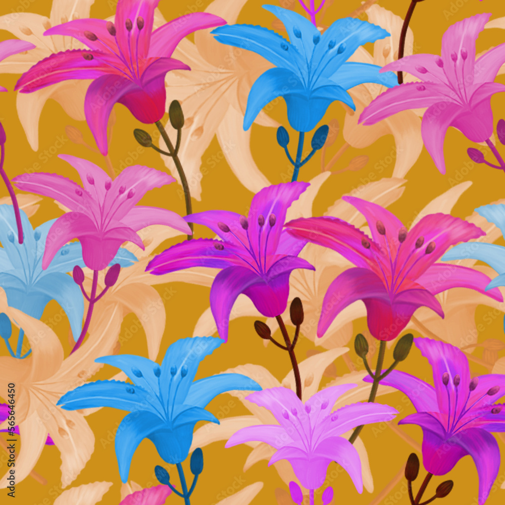 Seamless Bold Vivid Floral Pattern. Hand drawn Modern Print for Fabrics, Home decor, Banner, Wrapping paper, Packaging