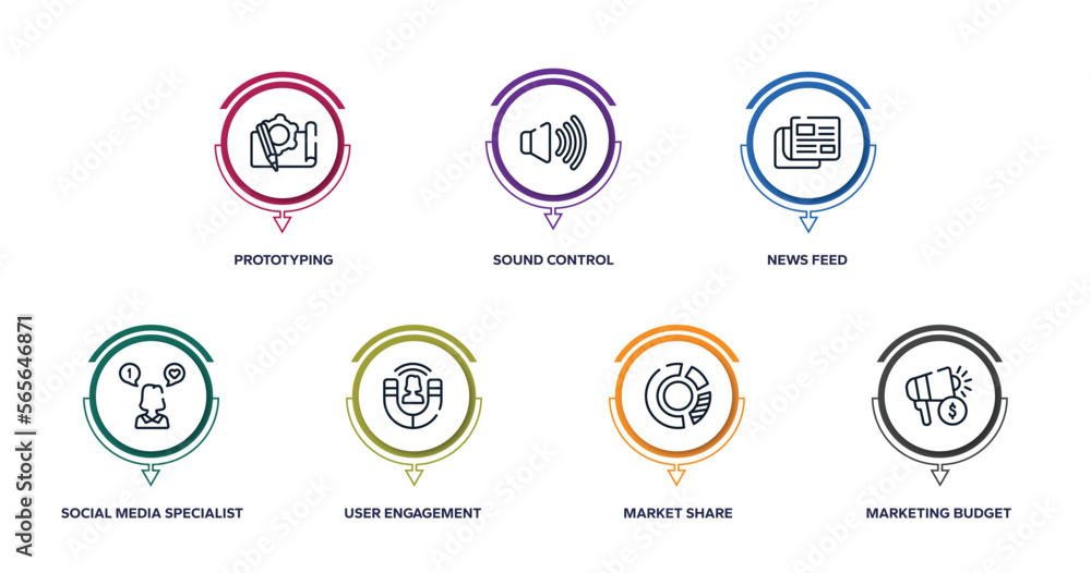 general outline icons with infographic template. thin line icons such as prototyping, sound control, news feed, social media specialist, user engagement, market share, marketing budget vector. general outline icons with infographic template. thin line icons such as prototyping, sound control, news feed, social media specialist, user engagement, market share, marketing budget vector.