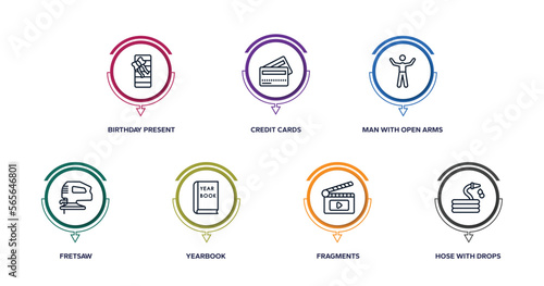 general outline icons with infographic template. thin line icons such as birthday present, credit cards, man with open arms, fretsaw, yearbook, fragments, hose with drops vector.