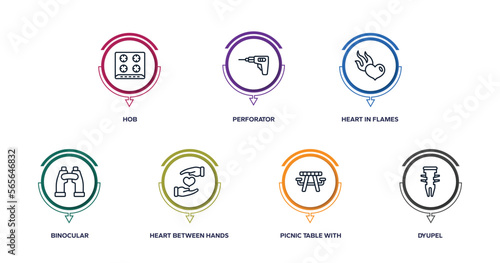 general outline icons with infographic template. thin line icons such as hob, perforator, heart in flames, binocular, heart between hands, picnic table with basket, dyupel vector.