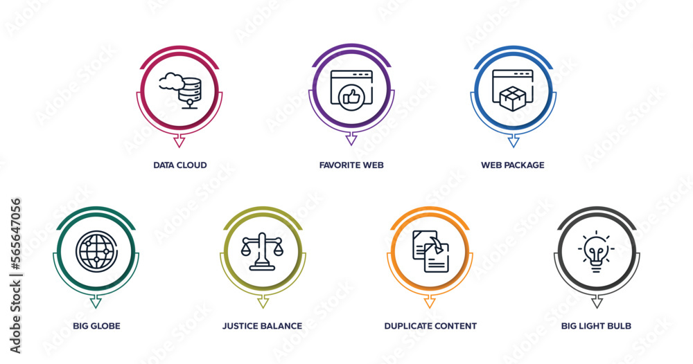 business and finance outline icons with infographic template. thin line icons such as data cloud, favorite web, web package, big globe, justice balance, duplicate content, big light bulb vector. business and finance outline icons with infographic template. thin line icons such as data cloud, favorite web, web package, big globe, justice balance, duplicate content, big light bulb vector.