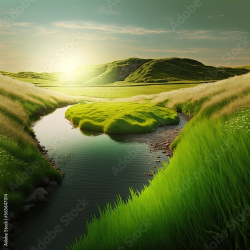 peaceful green field clear sunlight water flow Generative AI