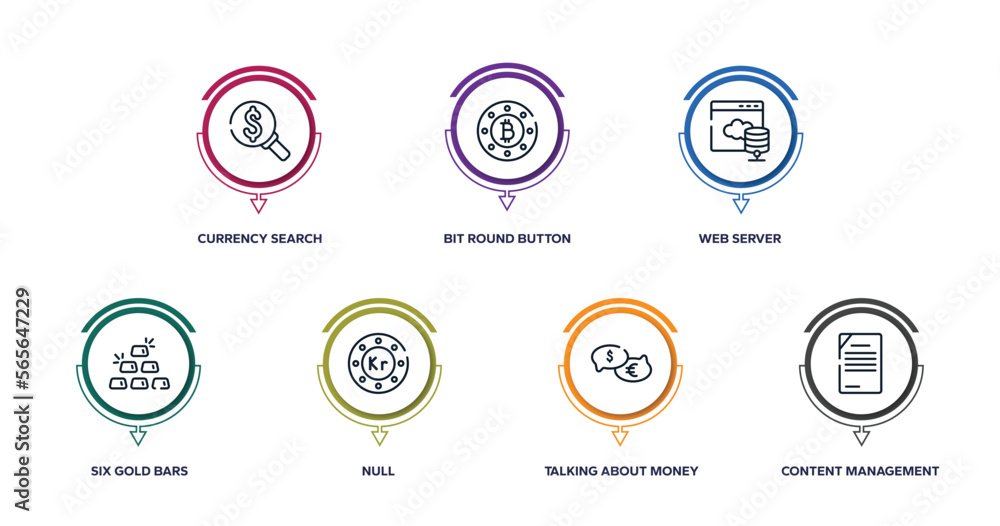 marketing and seo outline icons with infographic template. thin line icons such as currency search, bit round button, web server, six gold bars, null, talking about money, content management vector.
