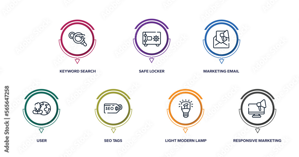 marketing and seo outline icons with infographic template. thin line icons such as keyword search, safe locker, marketing email, user, seo tags, light modern lamp tool, responsive marketing vector. marketing and seo outline icons with infographic template. thin line icons such as keyword search, safe locker, marketing email, user, seo tags, light modern lamp tool, responsive marketing vector.
