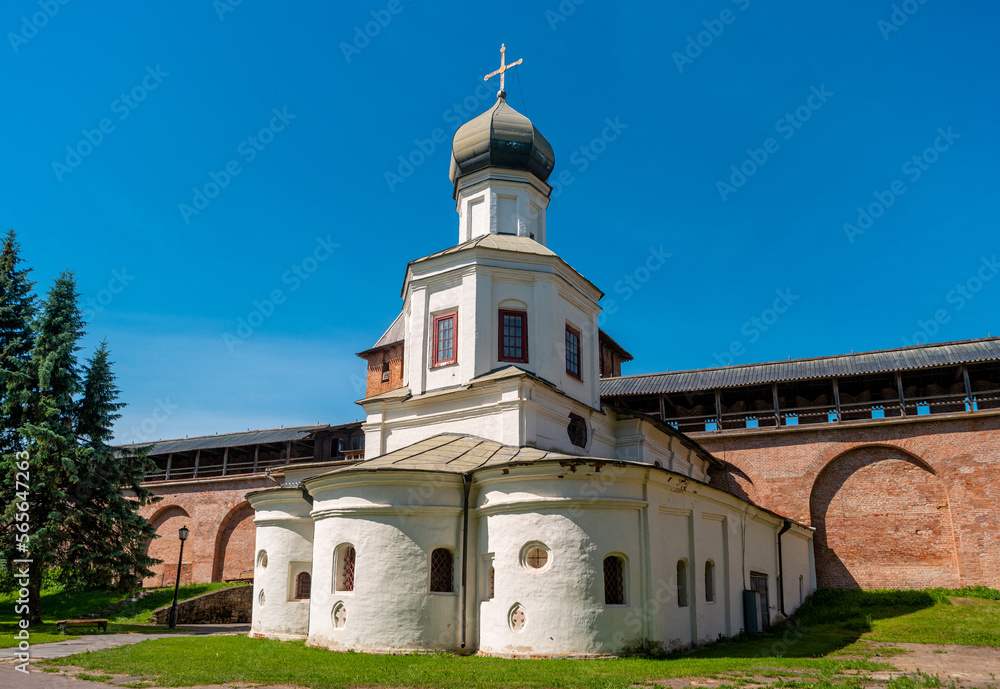 Church of the Intercession of the Holy Virgin on the territory of the Novgorod Kremlin. Veliky Novgorod, Russia.