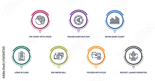marketing and seo outline icons with infographic template. thin line icons such as pie chart with piece, round euro button, seven bars chart, long id card, big paper bill, folder with plus, rocket