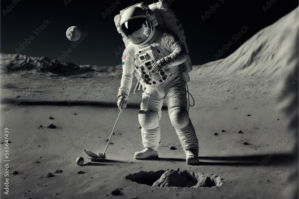 astronaut playing golf on the moon the earth on background