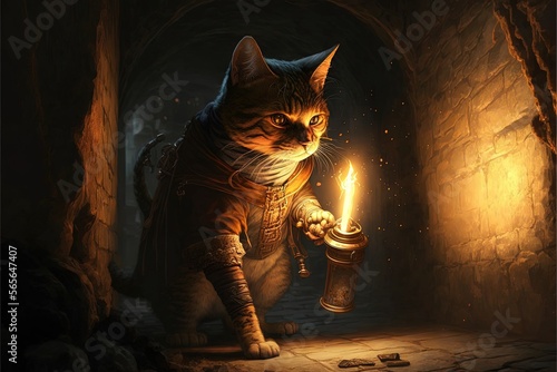 Murais de parede cat exploring a dungeon in search of dragons using a torch illustration generati