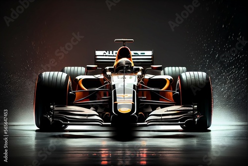 F1 car, sports racing car, dark garage, orange, black, generative AI