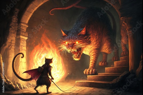 Fotografia cat exploring a dungeon with a torch meets a dragon cat illustration generative