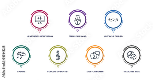 medicine and health outline icons with infographic template. thin line icons such as heartbeats monitoring, female hips and waist, mustache curled tip, sperms, forceps of dentist tools, diet for