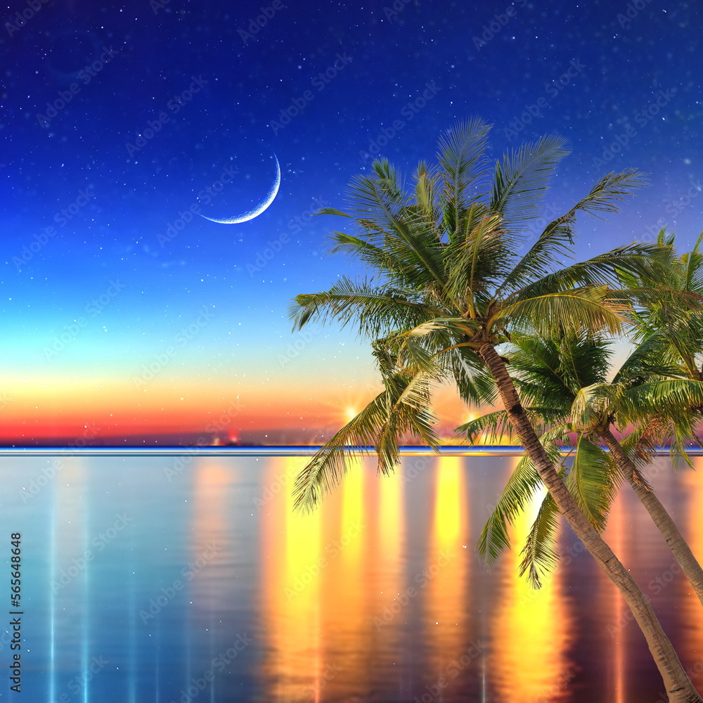 blue sea at  Night in port ,palm trees ,on horizon  blurred light on horizon at sea blue water wave  starry sky and moon generated ai