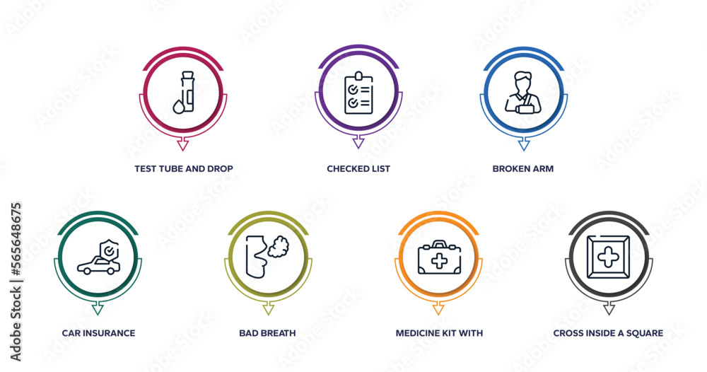 health outline icons with infographic template. thin line icons such as test tube and drop, checked list, broken arm, car insurance, bad breath, medicine kit with first aid, cross inside a square health outline icons with infographic template. thin line icons such as test tube and drop, checked list, broken arm, car insurance, bad breath, medicine kit with first aid, cross inside a square