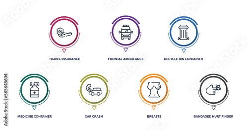 health outline icons with infographic template. thin line icons such as travel insurance, frontal ambulance, recycle bin container, medicine container, car crash, breasts, bandaged hurt finger