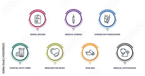 medicine outline icons with infographic template. thin line icons such as dental record, medical syringe, syringe with medication, hospital with three floors, medicine for heart, yoga mat, medical