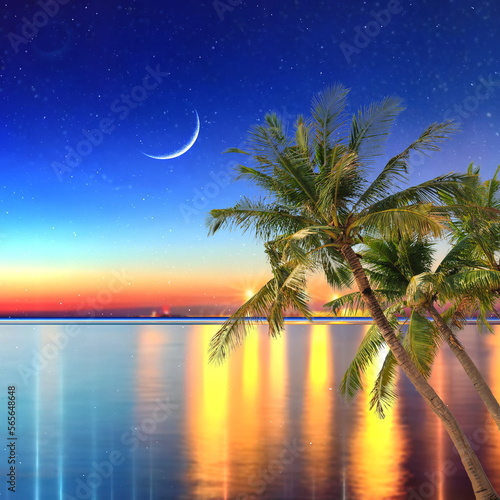 blue sea at  Night in port  palm trees  on horizon  blurred light on horizon at sea blue water wave  starry sky and moon generated ai