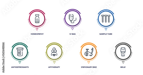 medical outline icons with infographic template. thin line icons such as homeopathy, iv bag, sample tube, antidepressants, apitherapy, stationary bike, belly vector.
