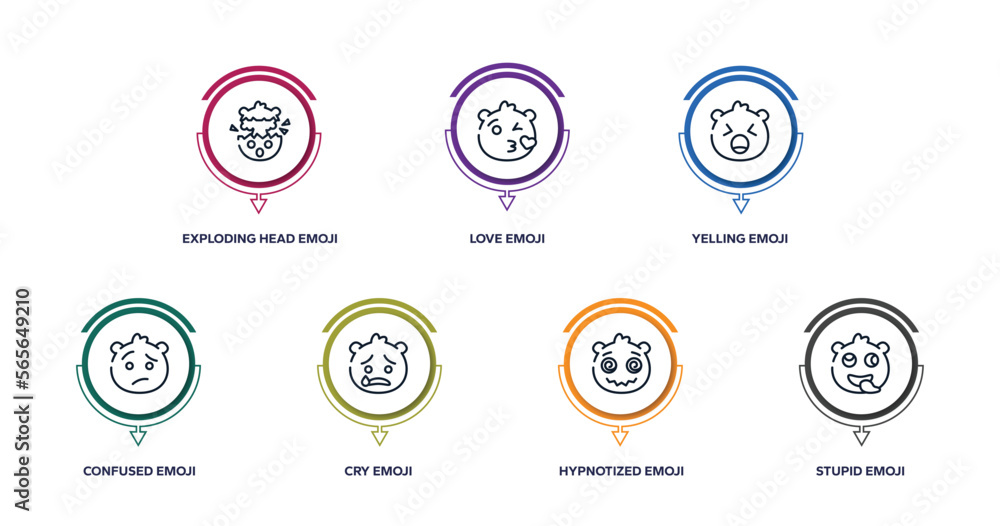 emoji outline icons with infographic template. thin line icons such as exploding head emoji, love emoji, yelling confused cry hypnotized stupid vector. emoji outline icons with infographic template. thin line icons such as exploding head emoji, love emoji, yelling confused cry hypnotized stupid vector.