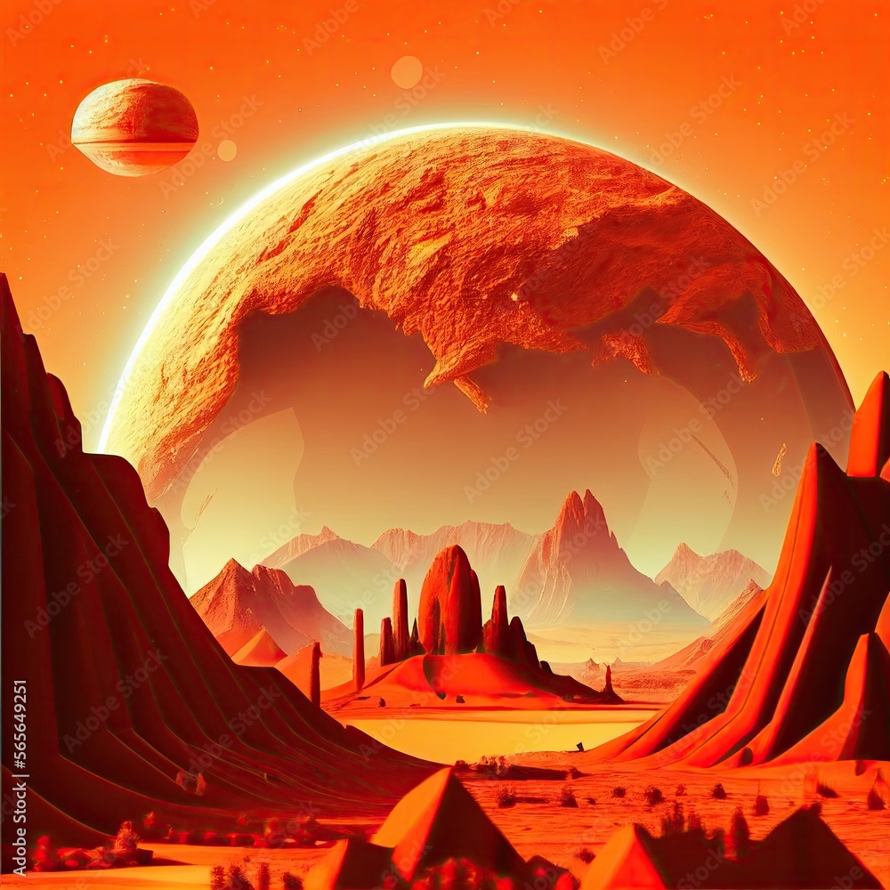 martian landscape - 3d artwork of red planet desert with orange earth ...