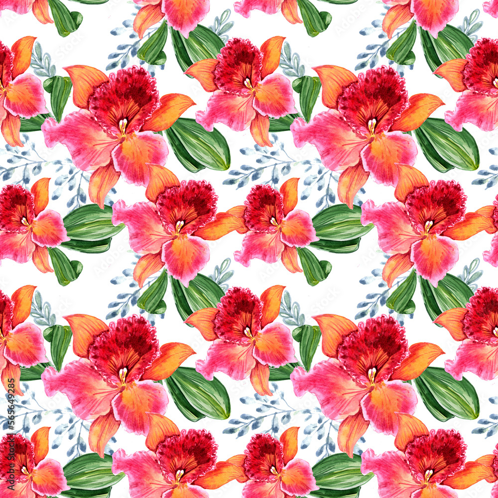 
Watercolor orchids in a seamless pattern. Can be used as fabric, wallpaper, wrap.