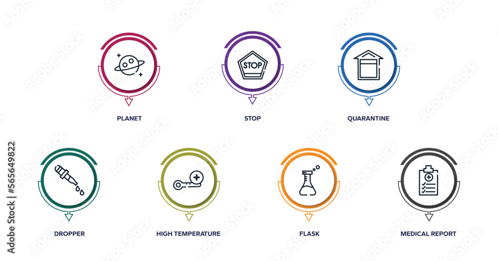 outline icons with infographic template. thin line icons such as planet, stop, quarantine, dropper, high temperature, flask, medical report vector. outline icons with infographic template. thin line icons such as planet, stop, quarantine, dropper, high temperature, flask, medical report vector.
