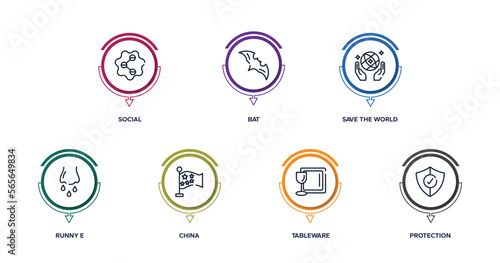 outline icons with infographic template. thin line icons such as social, bat, save the world, runny e, china, tableware, protection vector.