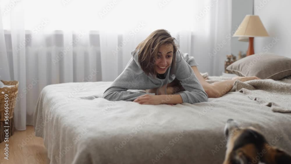 happy joyful smiling woman lying on bed in bedroom and playing with her cute funny welsh corgi dog. friendship with pets, games together and leisure. domestic animals in peoples life happy joyful smiling woman lying on bed in bedroom and playing with her cute funny welsh corgi dog. friendship with pets, games together and leisure. domestic animals in peoples life